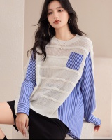 Fashion splice sweater mixed colors round neck tops for women