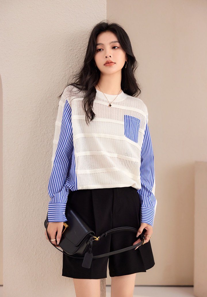 Fashion splice sweater mixed colors round neck tops for women