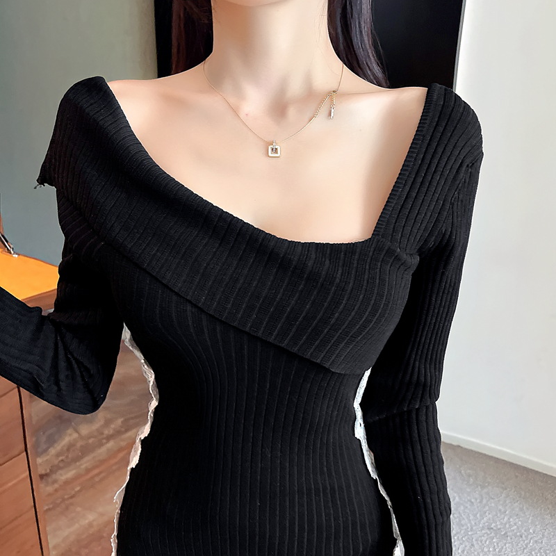Temperament dress oblique collar sweater dress for women