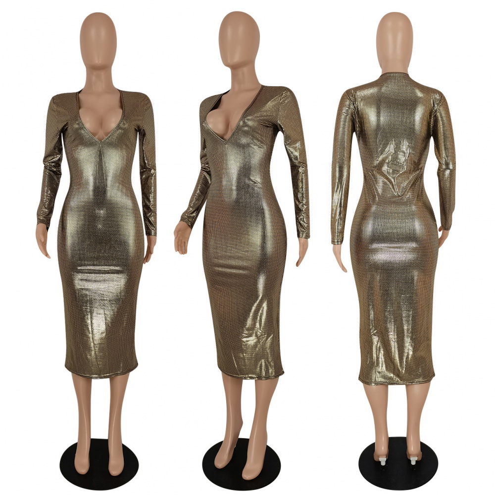V-neck bronzing temperament fashion dress for women