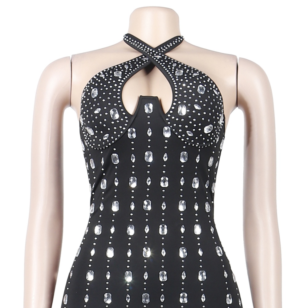 Nightclub slim rhinestone sleeveless perspective dress