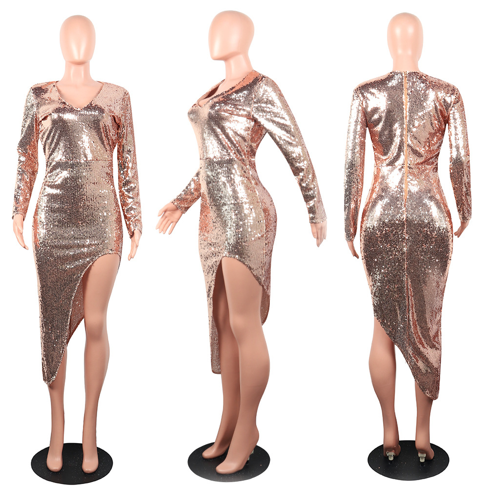 V-neck zip sexy spring sequins split formal dress