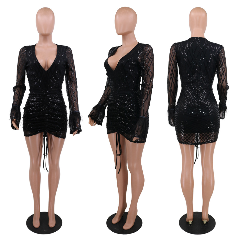 Sequins European style nightclub lantern sleeve dress