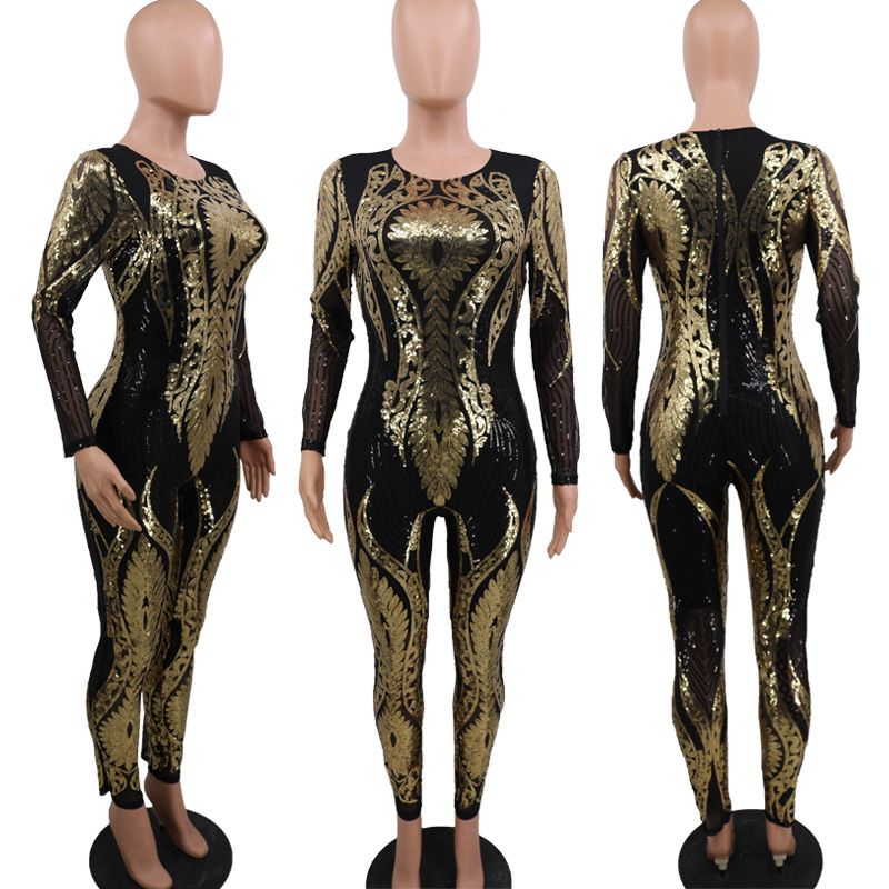 Sequins perspective long sleeve jumpsuit for women