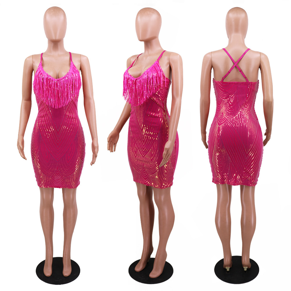 Sequins tassels sexy European style nightclub show chest dress