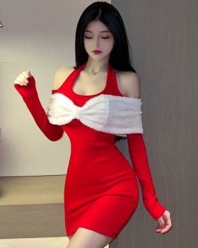 Christmas bottoming bow sexy halter dress for women