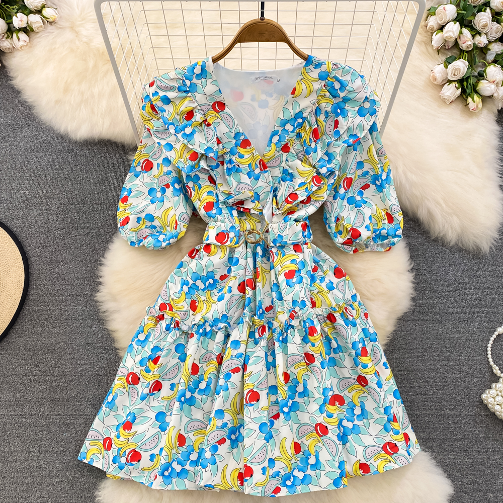 Thick and disorderly printing retro temperament dress