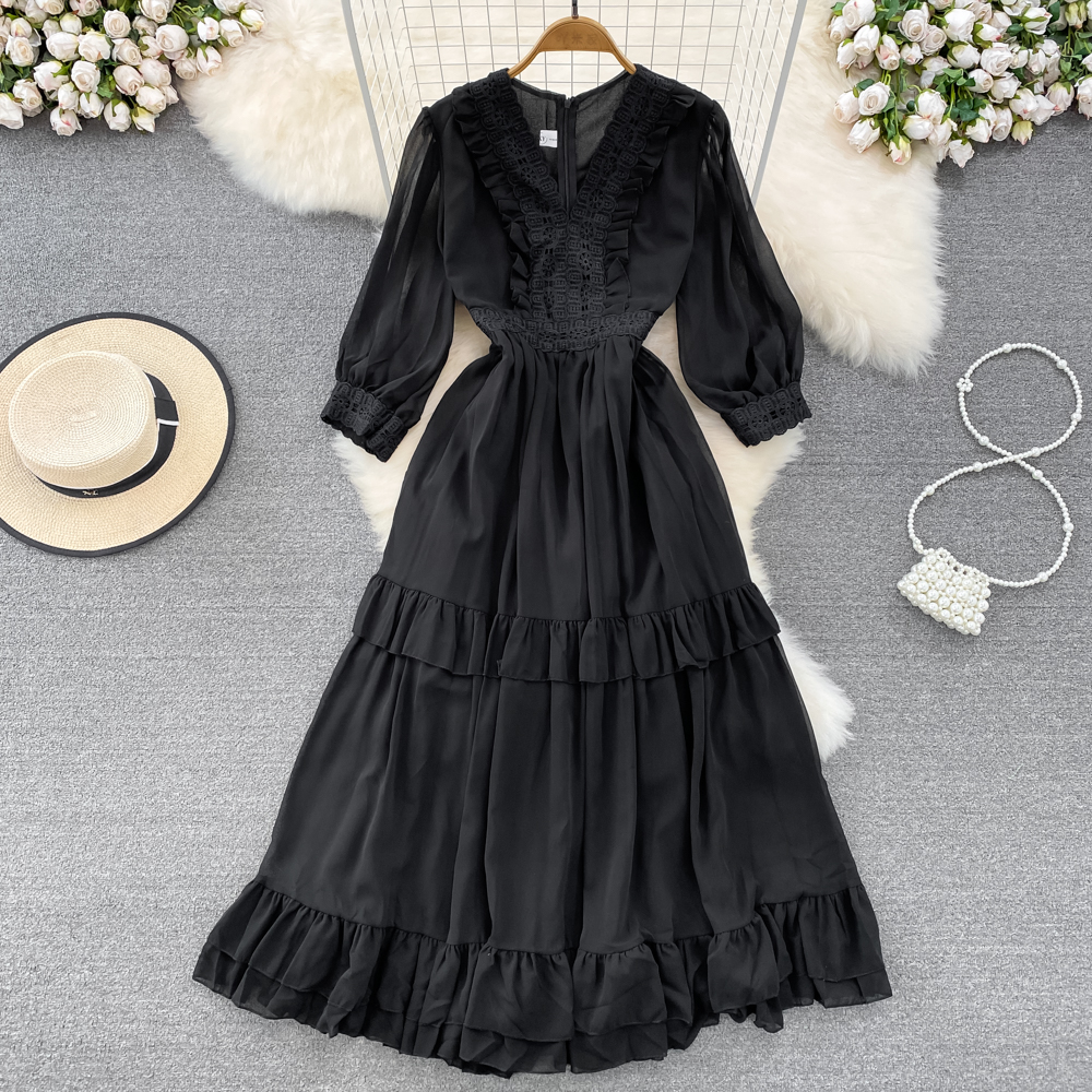 V-neck lace puff sleeve tender retro slim big skirt dress