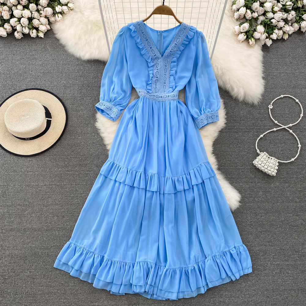 V-neck lace puff sleeve tender retro slim big skirt dress