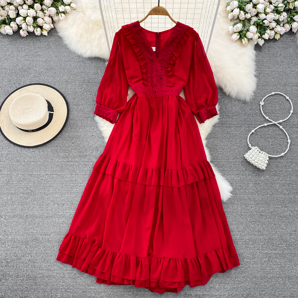 V-neck lace puff sleeve tender retro slim big skirt dress