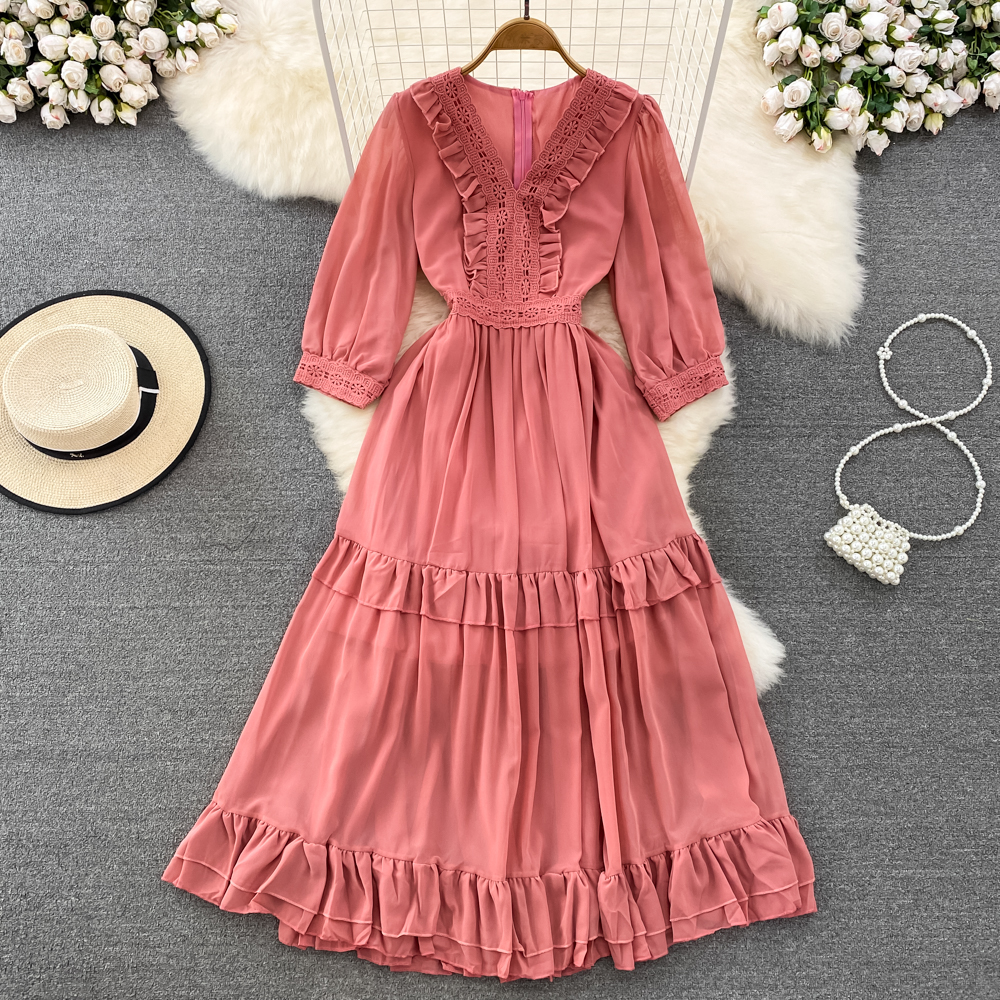 V-neck lace puff sleeve tender retro slim big skirt dress