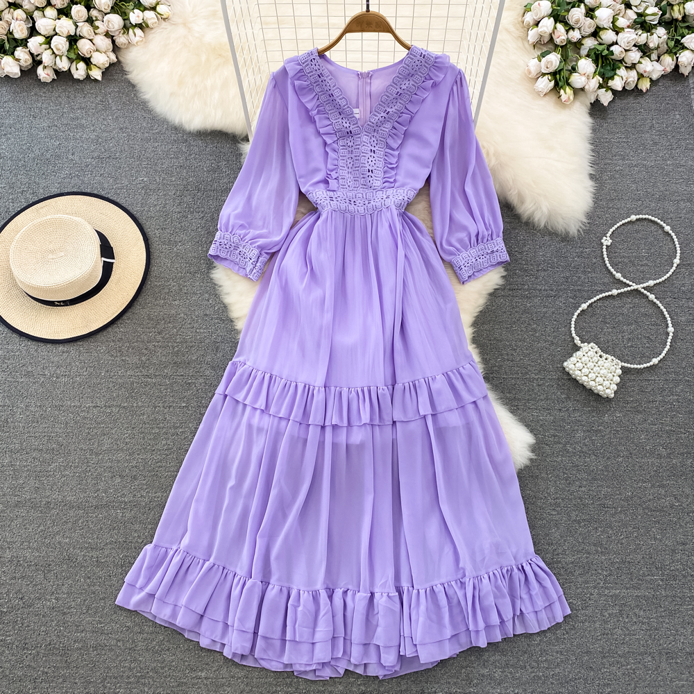 V-neck lace puff sleeve tender retro slim big skirt dress