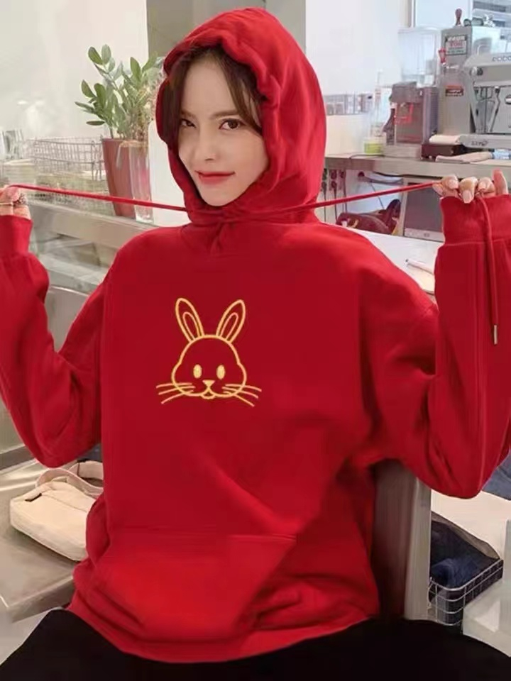 Red fashion rabbit hoodie couples plus velvet coat for women