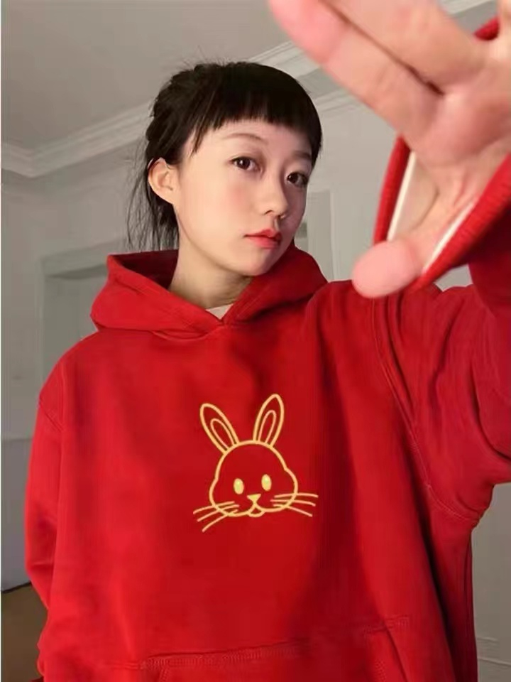 Red fashion rabbit hoodie couples plus velvet coat for women