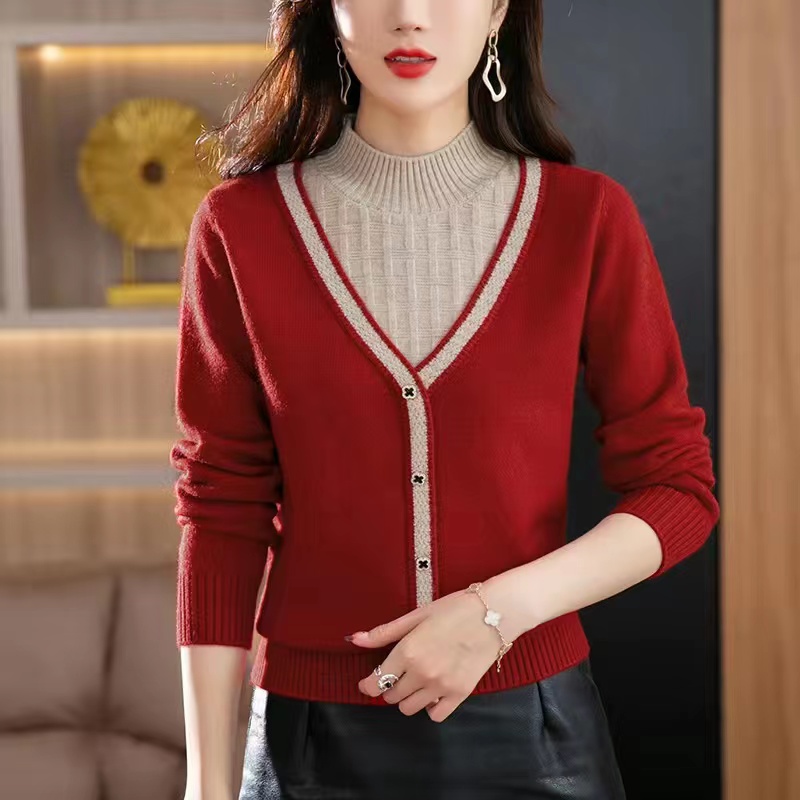 Half high collar mixed colors sweater knitted tops for women
