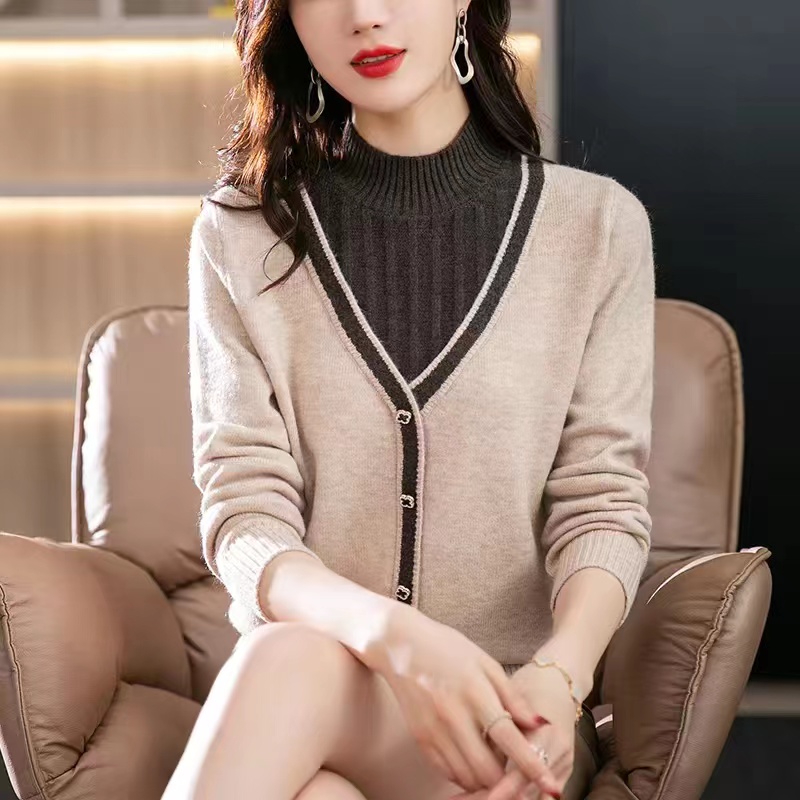 Half high collar mixed colors sweater knitted tops for women