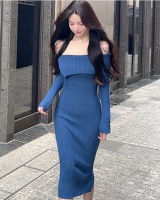 Split knitted France style flat shoulder ladies slim dress