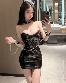 Patent leather enticement cosplay shackle halter short skirt