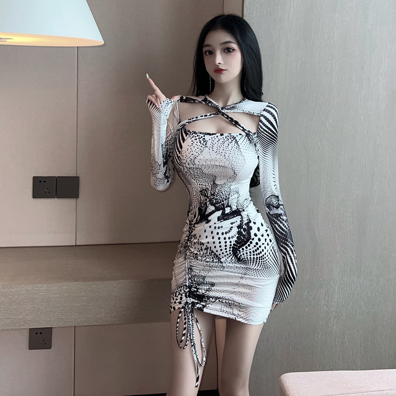 Package hip sexy printing spring slim dress for women