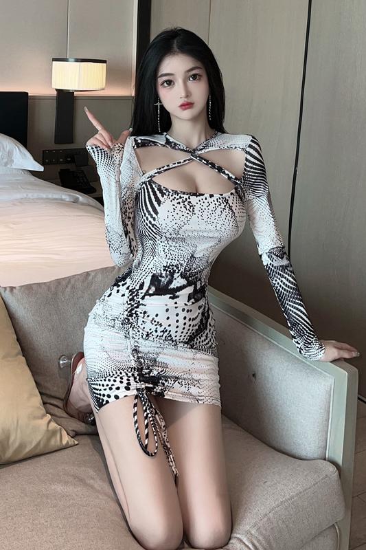 Package hip sexy printing spring slim dress for women