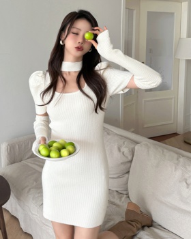 Unique with sleeve knitted puff sleeve all-match slim dress