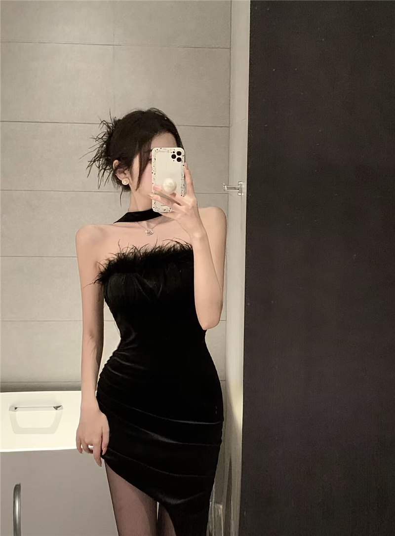 Sexy wrapped chest tight Gloves flat shoulder black dress