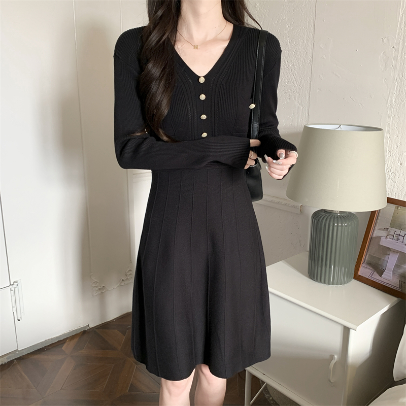 Long sleeve knitted slim high waist simple dress