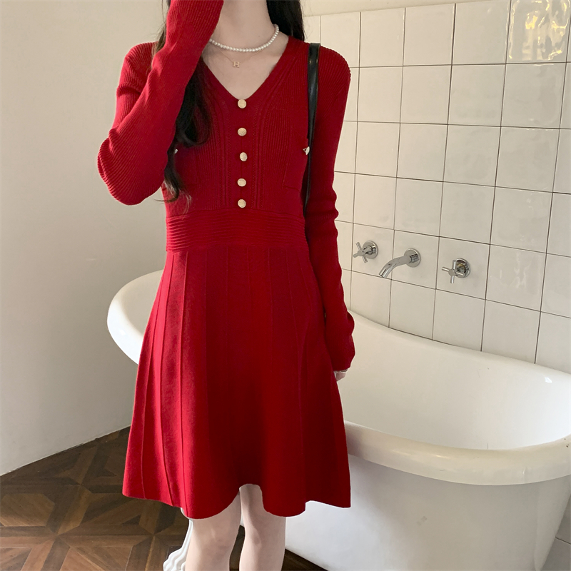 Long sleeve knitted slim high waist simple dress