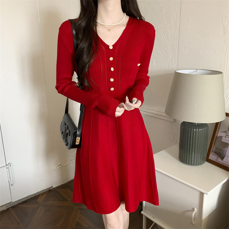 Long sleeve knitted slim high waist simple dress