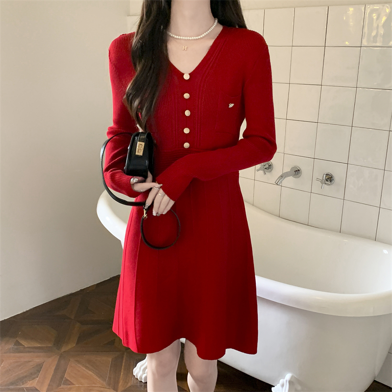 Long sleeve knitted slim high waist simple dress