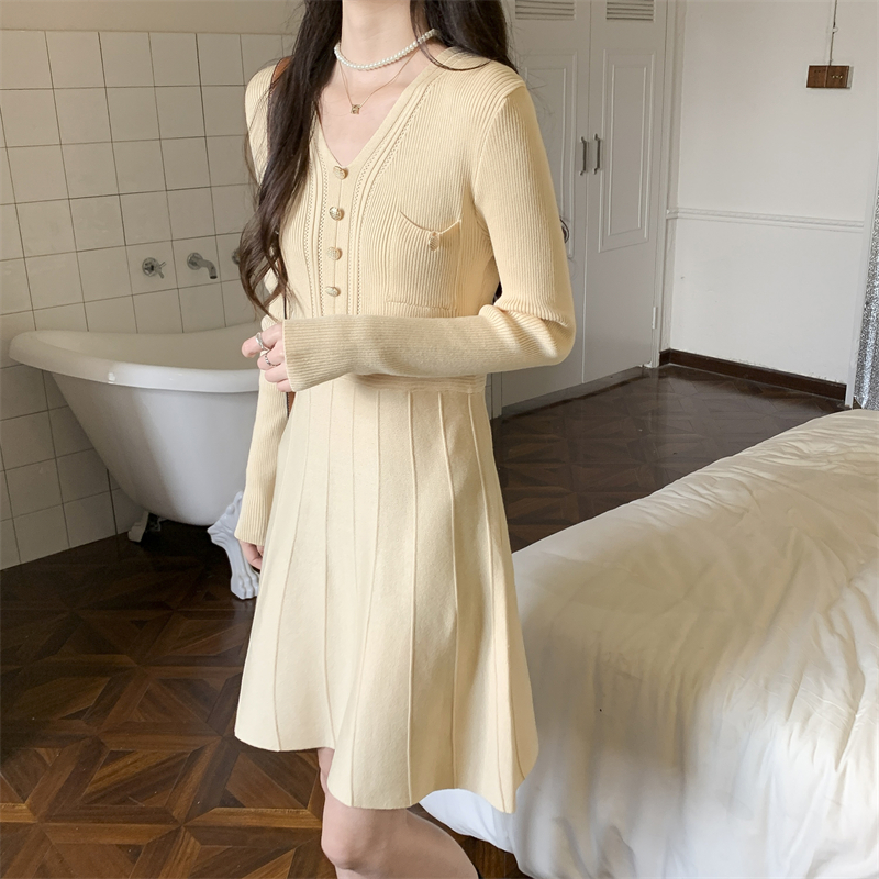 Long sleeve knitted slim high waist simple dress