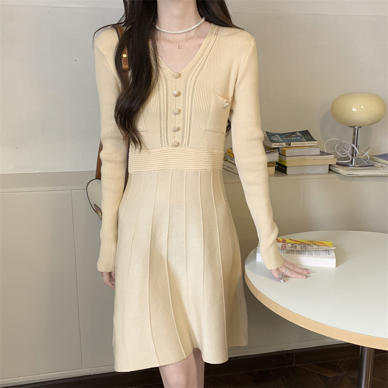 Long sleeve knitted slim high waist simple dress