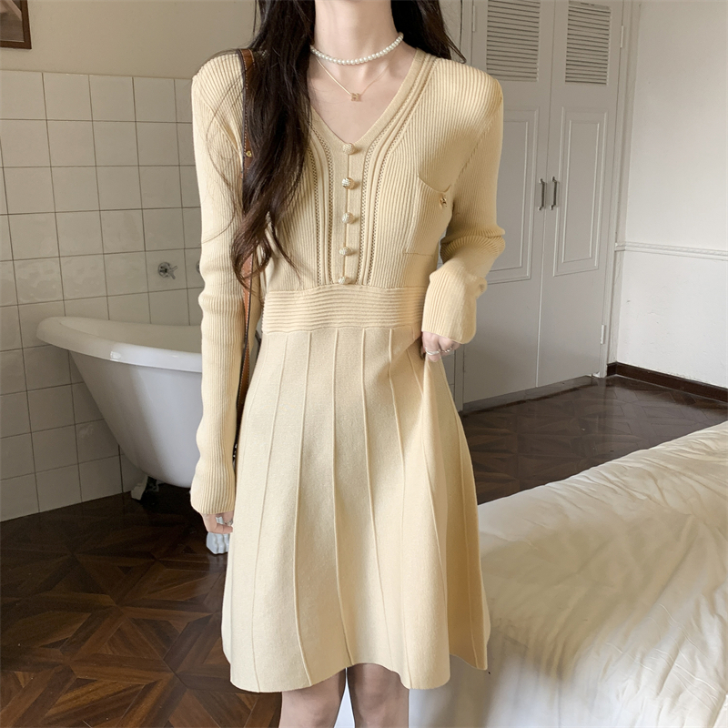 Long sleeve knitted slim high waist simple dress