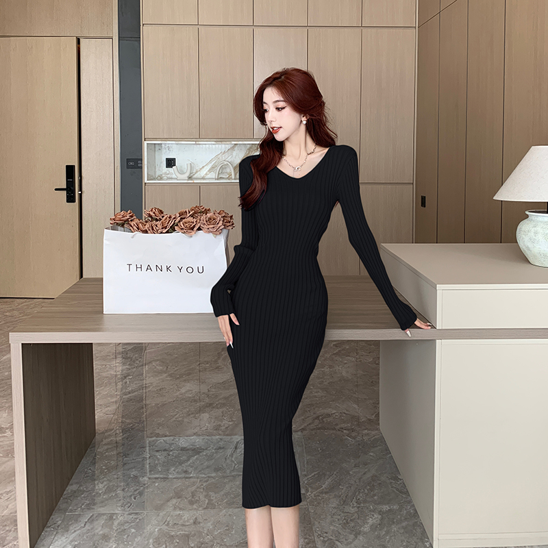 Pure Korean style knitted sweater dress sexy tight dress