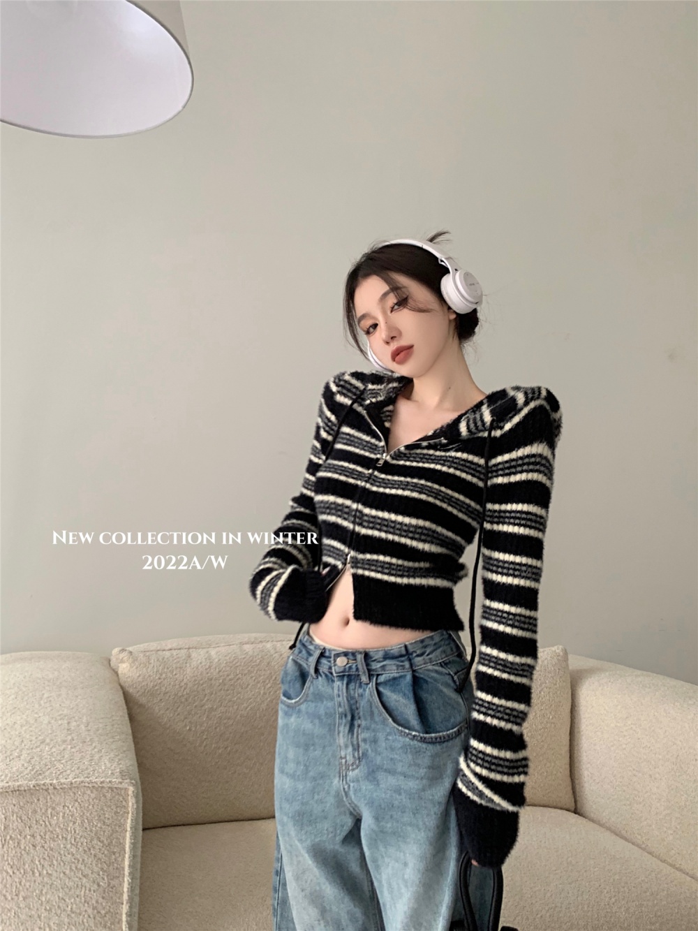 Hooded lazy stripe coat short autumn and winter cardigan