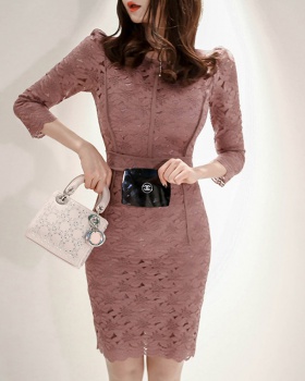 Package hip pinched waist Korean style round neck dress