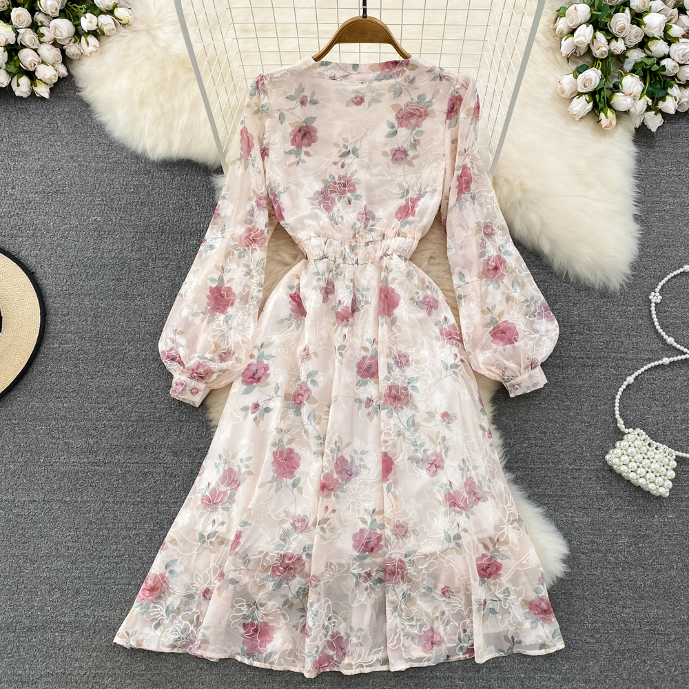 Pinched waist printing retro V-neck dress for women