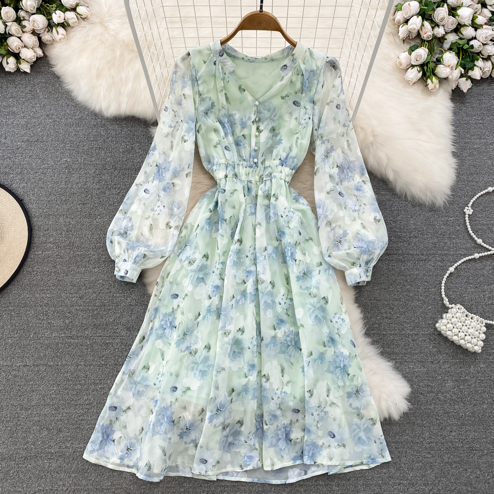 Pinched waist printing retro V-neck dress for women