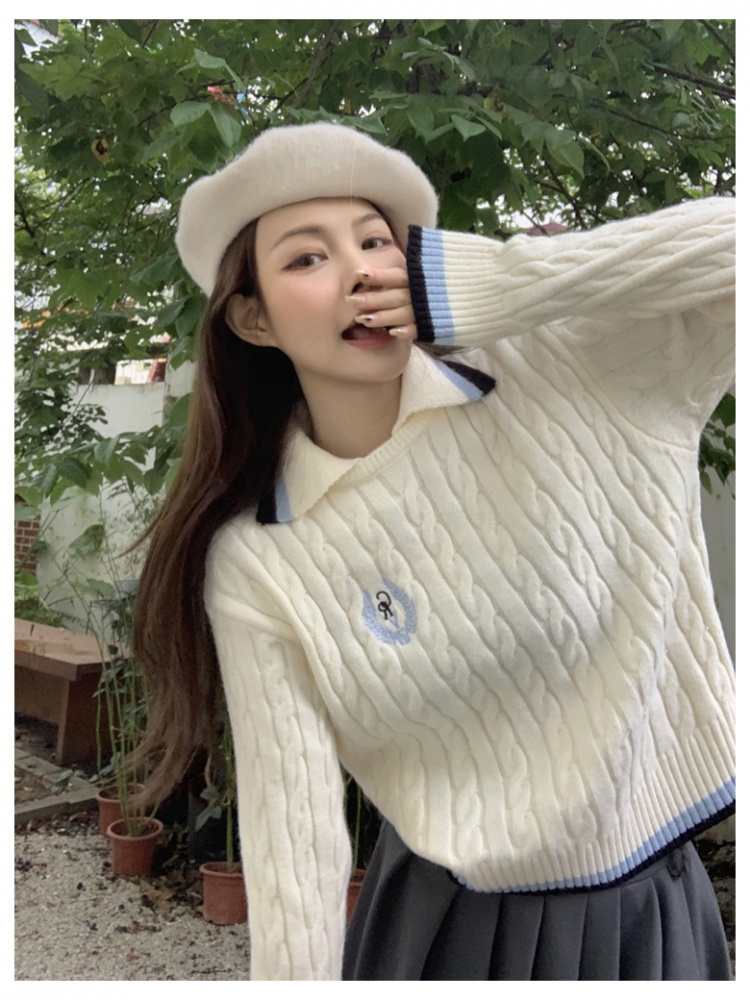 Embroidery college style knitted spring and autumn sweater