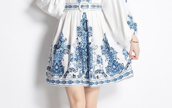 Temperament printing national style with belt short spring dress