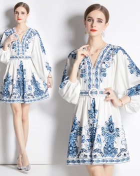 Temperament printing national style with belt short spring dress