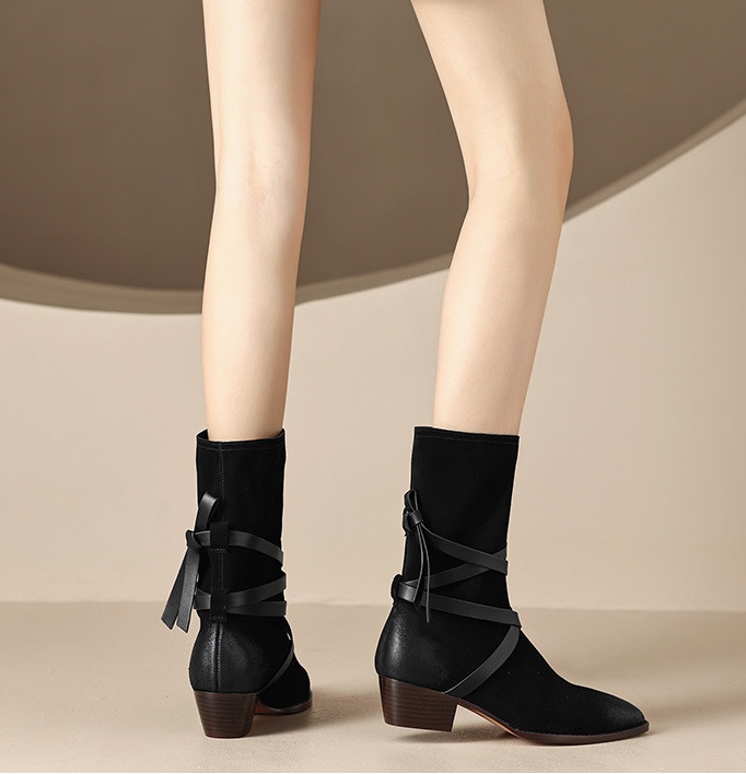 Nubuck pointed thick boots cowhide retro women's boots