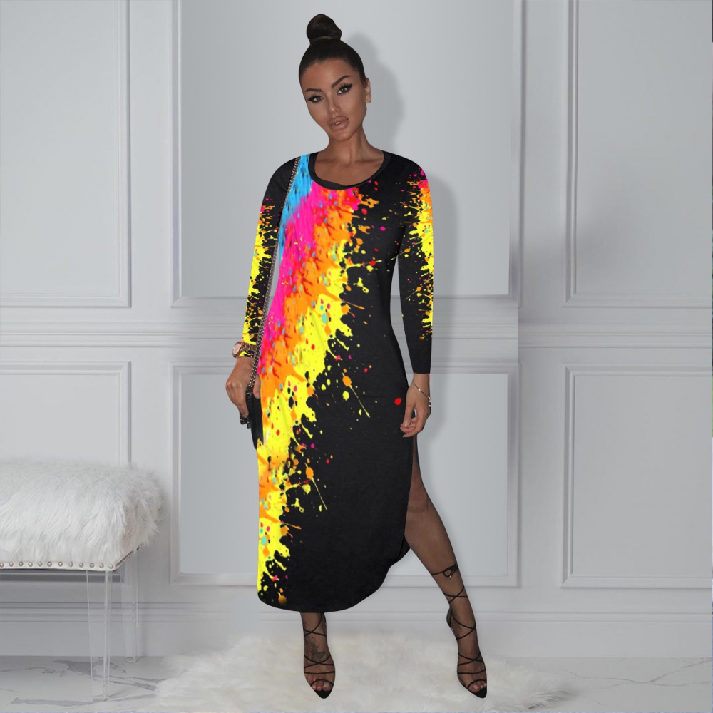 Casual split printing European style dress for women