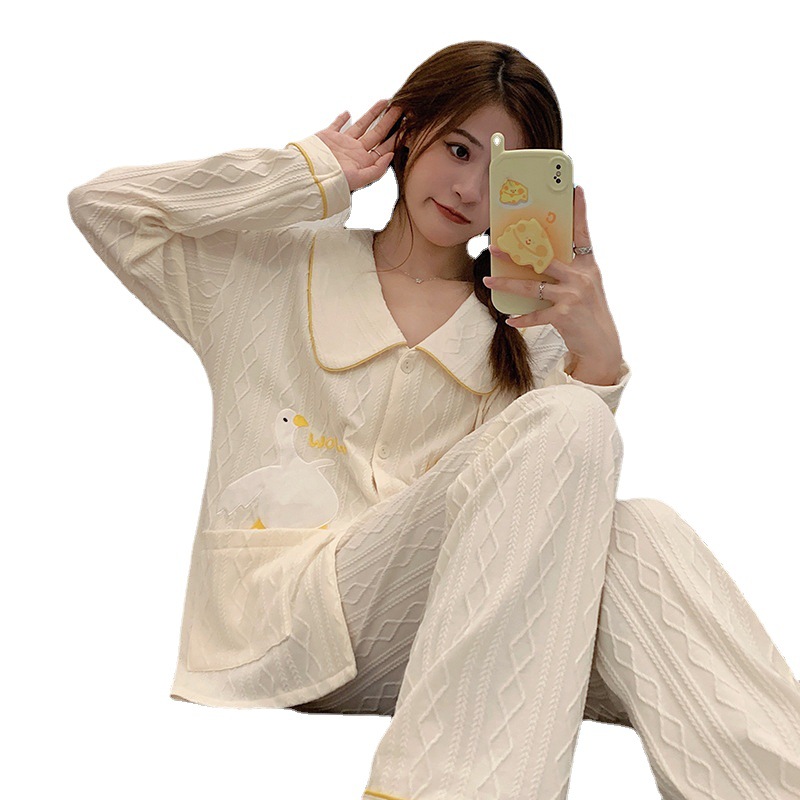 Spring and autumn lapel pajamas 2pcs set for women