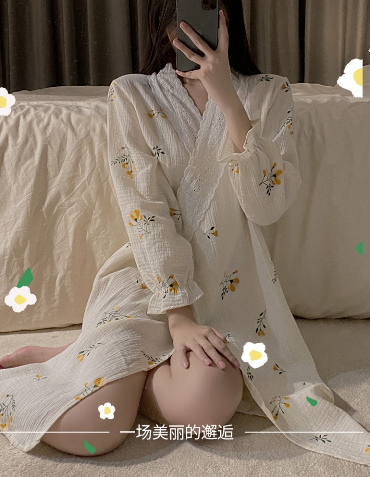Casual long sleeve night dress V-neck kimono