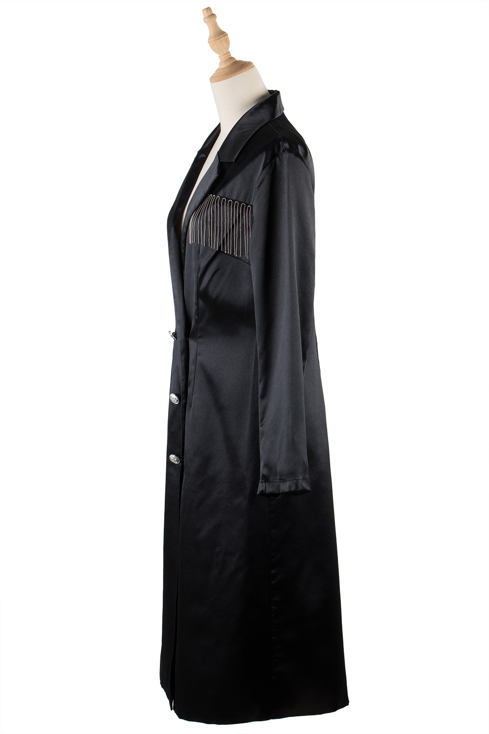European style tassels windbreaker satin long coat for women