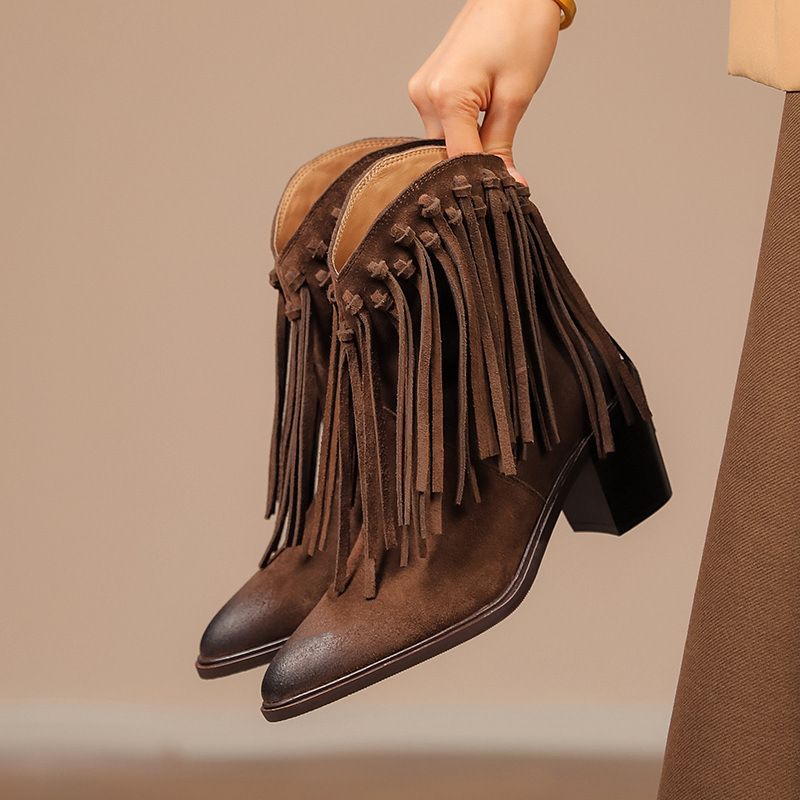 Tassels denim nubuck women's boots retro thick boots