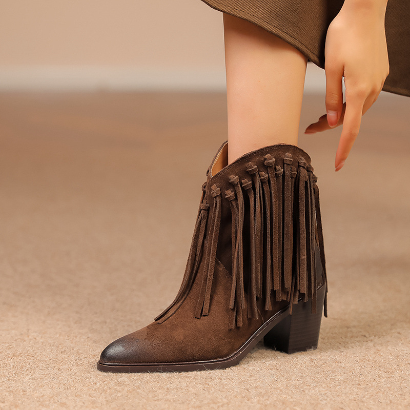 Tassels denim nubuck women's boots retro thick boots