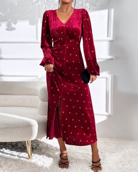 Long autumn and winter pinched waist red dress for women