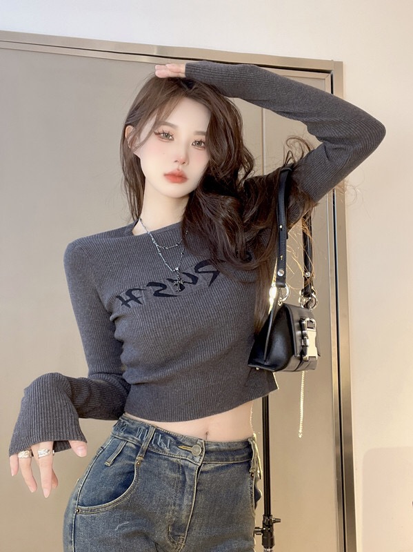 Autumn short sweater gray tops for women